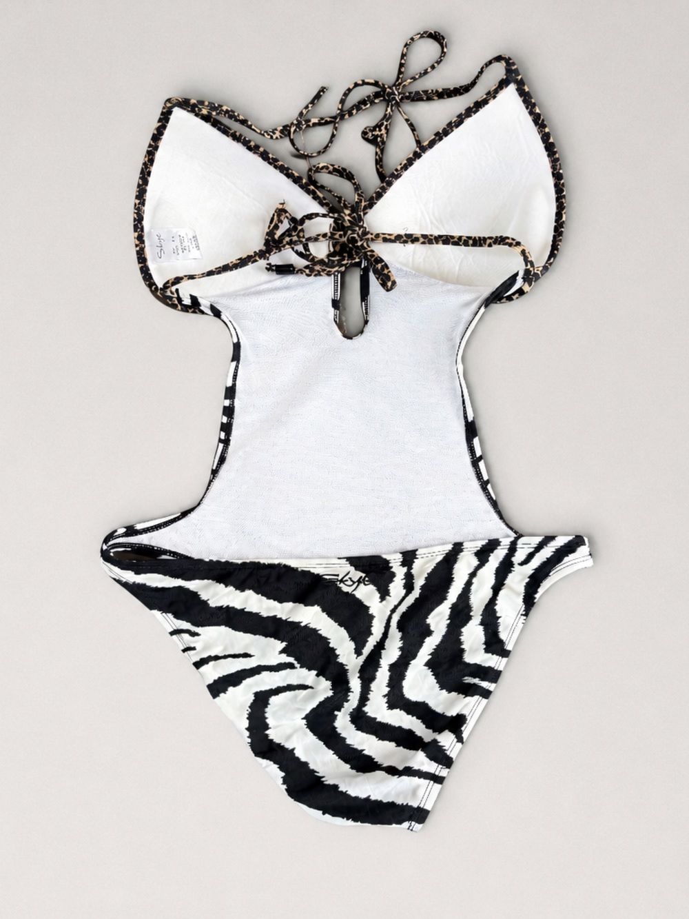 Skye Zebra Print Cut Out One Piece Swimsuit Leopard Trim Halter Monokini Medium - Picture 4 of 6